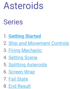 Screenshot of GDevelop Asteroids tutorial table of contents